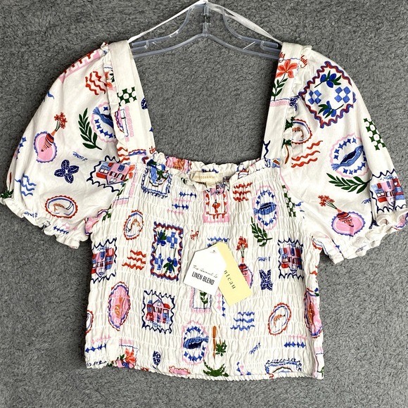 Monteau Los Angeles Tops - Monteau LA Smocked Crop Top Size XL White Short Sleeve Beach Casual Boho Cottage